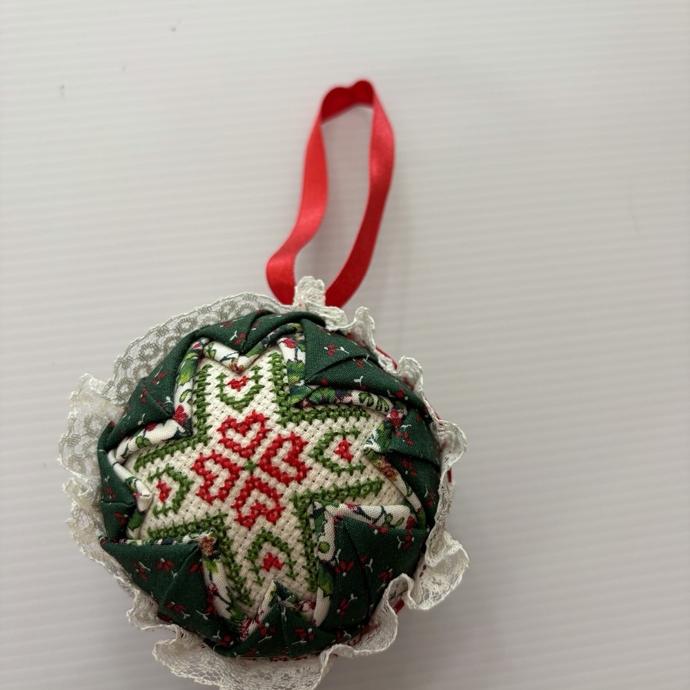 Vintage Handmade Quilted Cross Stitch Ball Christmas Ornament Fabric Folk Art